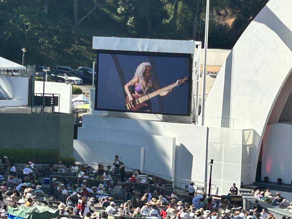 Image of a screen projecting an image of Mohini Dey at the Blue Note Jazz Festival