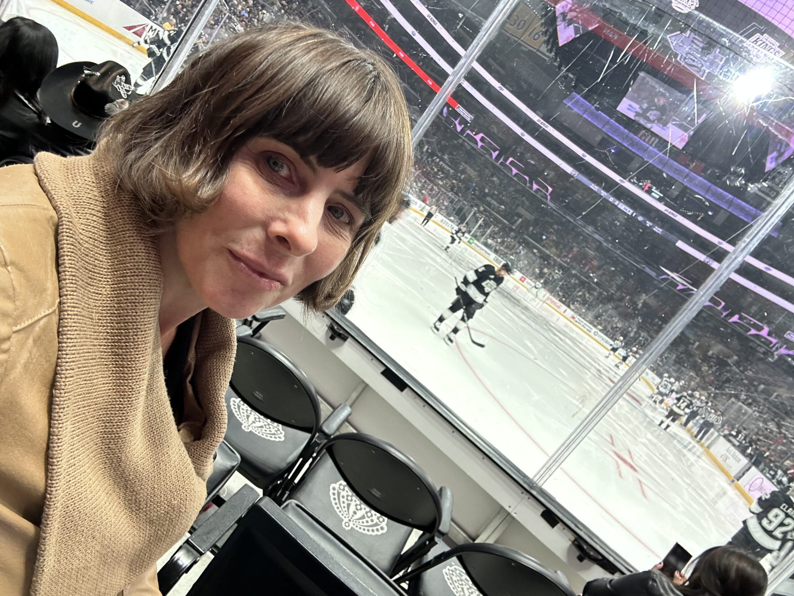 Maggie sitting at a hockey game.