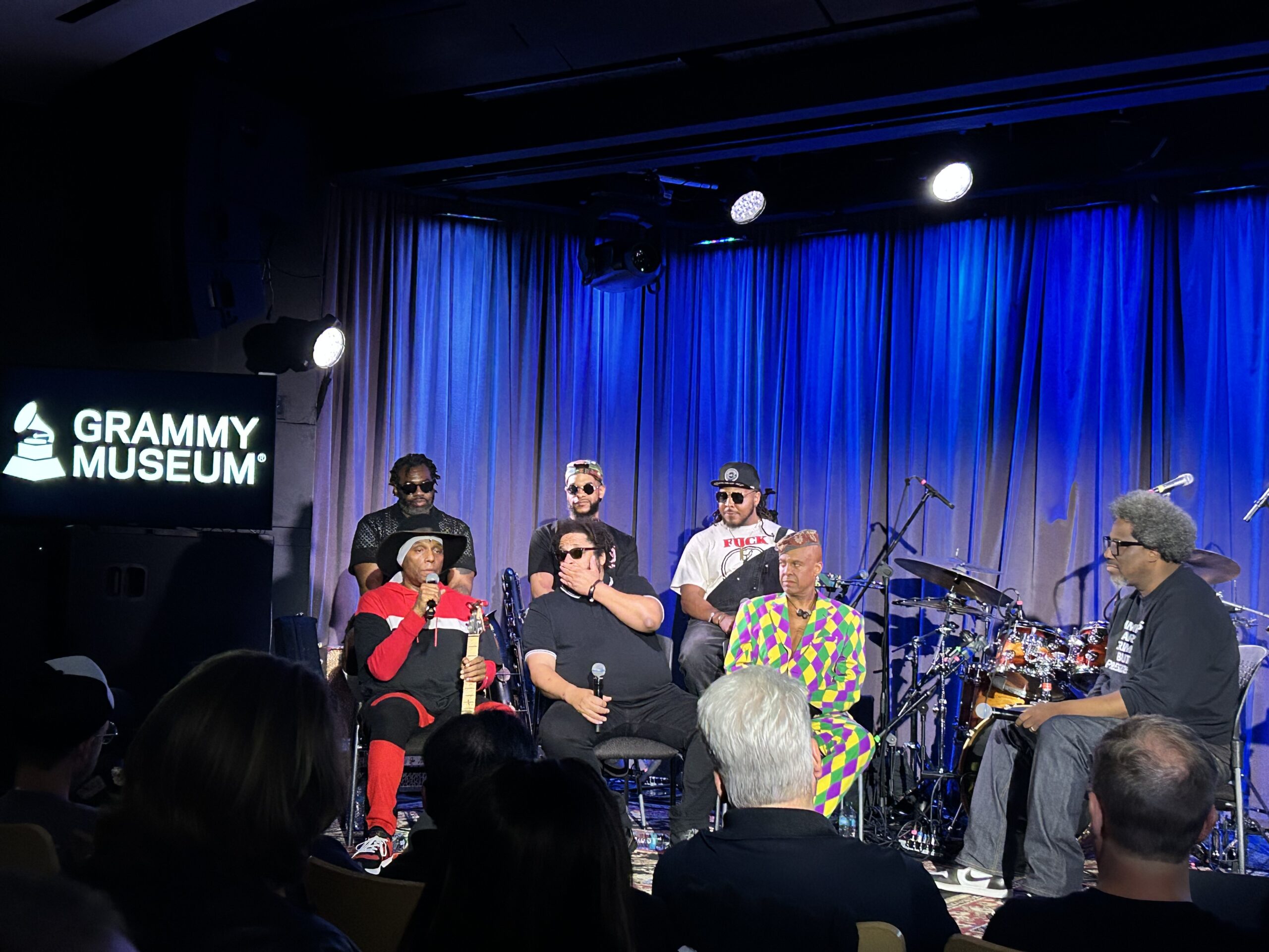 Fishbone on stage with W. Kamau Bell at the GRAMMY Museum on 5/27/25.