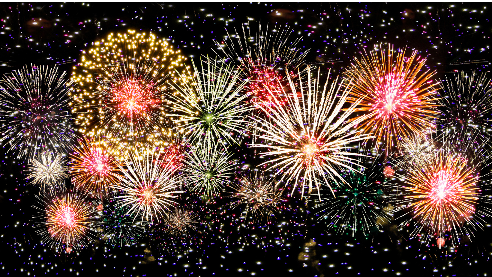 Black rectangle with many fireworks