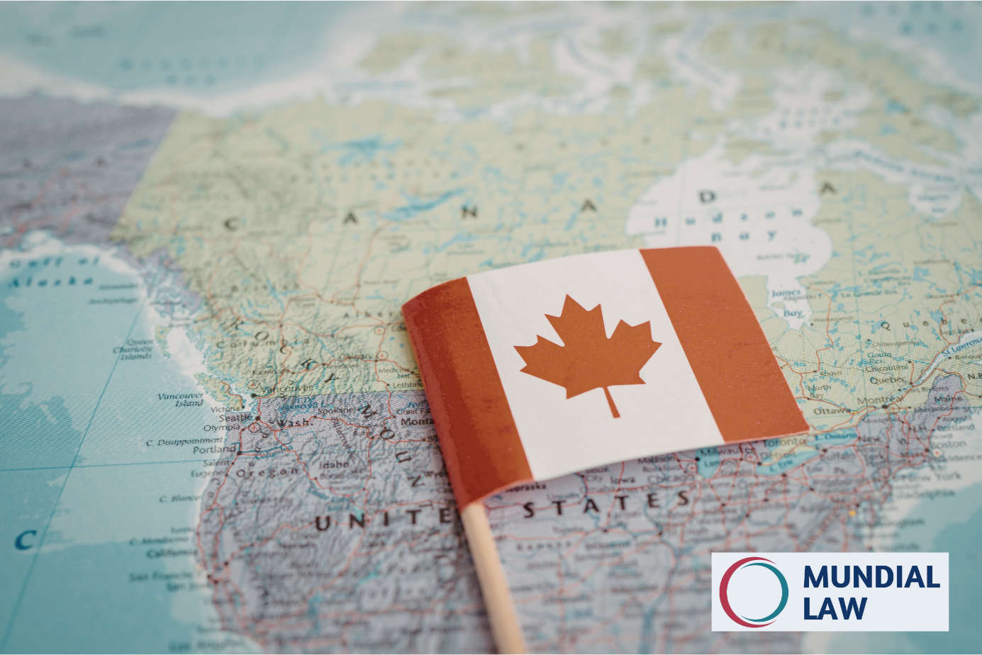 Small Canadian Flag sitting on a map of North America