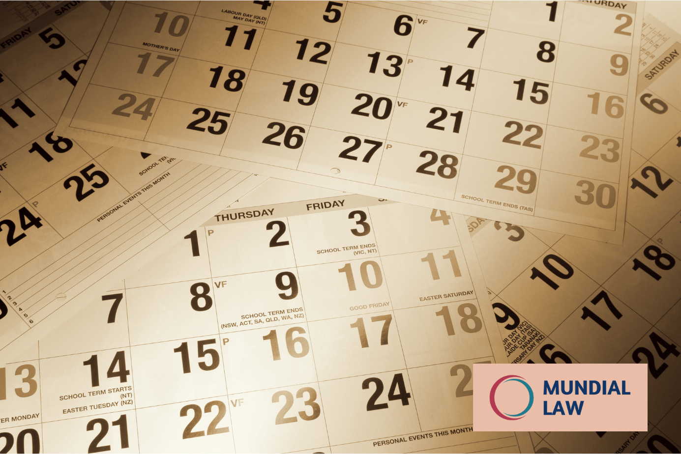 Various scattered calendar pages with the Mundial Law logo in the bottom right corner. 